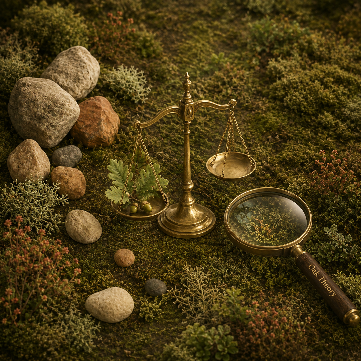 Antique brass balance scale holding an oak sprig on a mossy forest floor, beside a magnifying glass engraved with Oak Theory