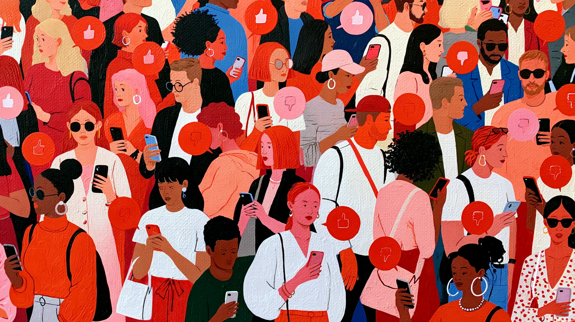 Stylized illustration of a diverse crowd absorbed in their smartphones, with floating thumbs-up and thumbs-down feedback icons.