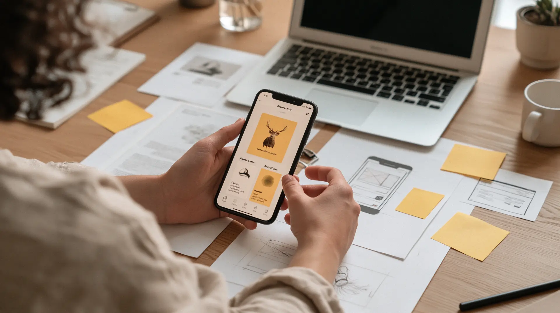 Overhead view of a designer working on a mobile app prototype at a wooden desk, with wireframes, sticky notes, a laptop, and a smartphone in hand.