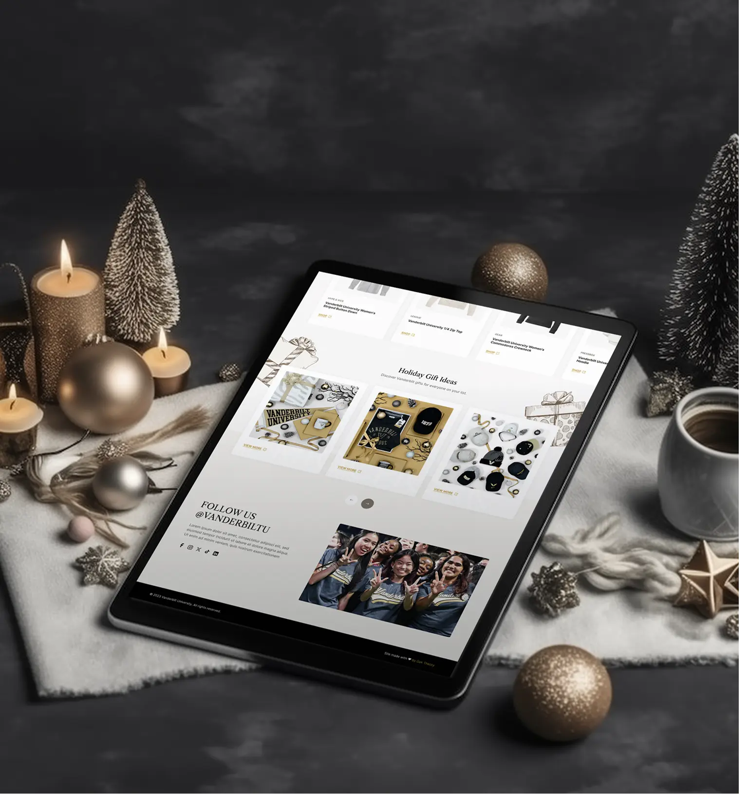 Vanderbilt Holiday Catalog product grid design shown on a tablet.