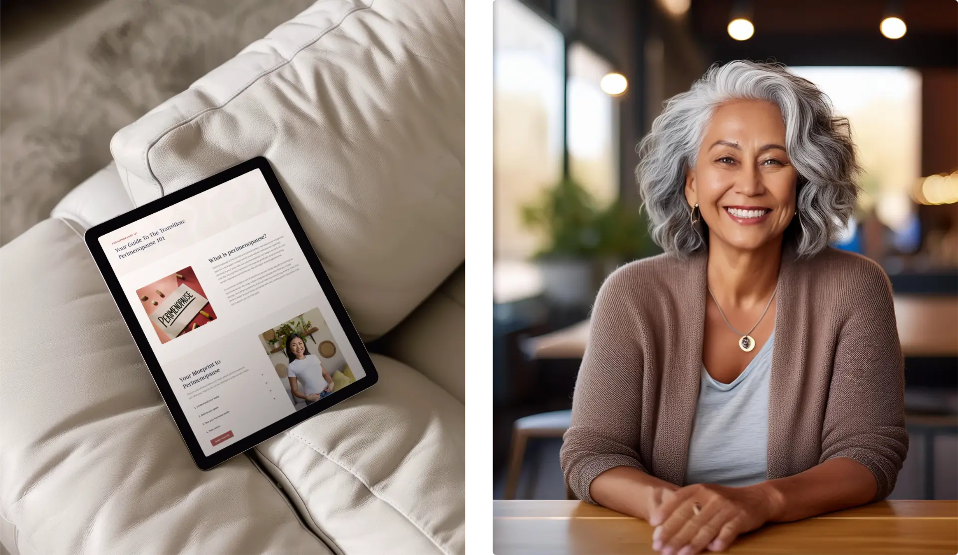 Jayla Health Perimenopause 101 resource page on a tablet alongside brand photography.