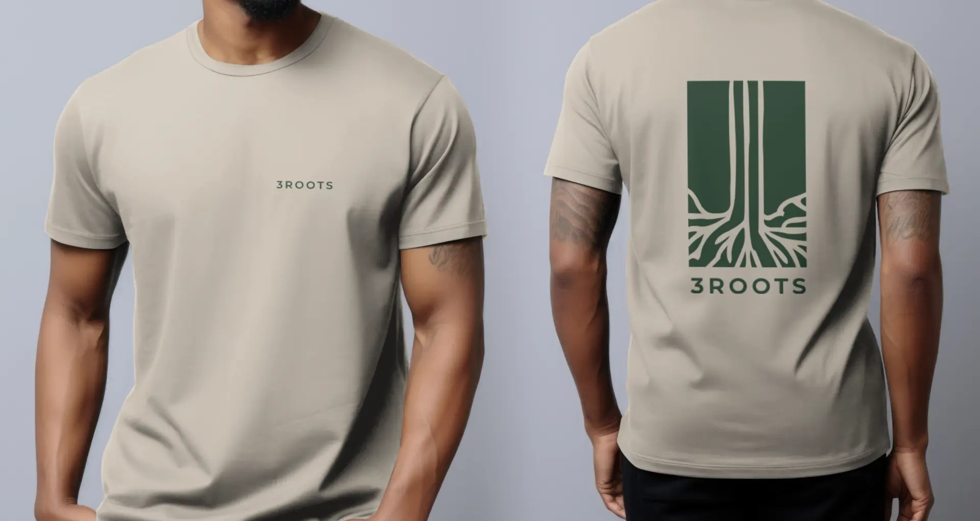 3Roots brand identity mockup on apparel with the roots logo mark.
