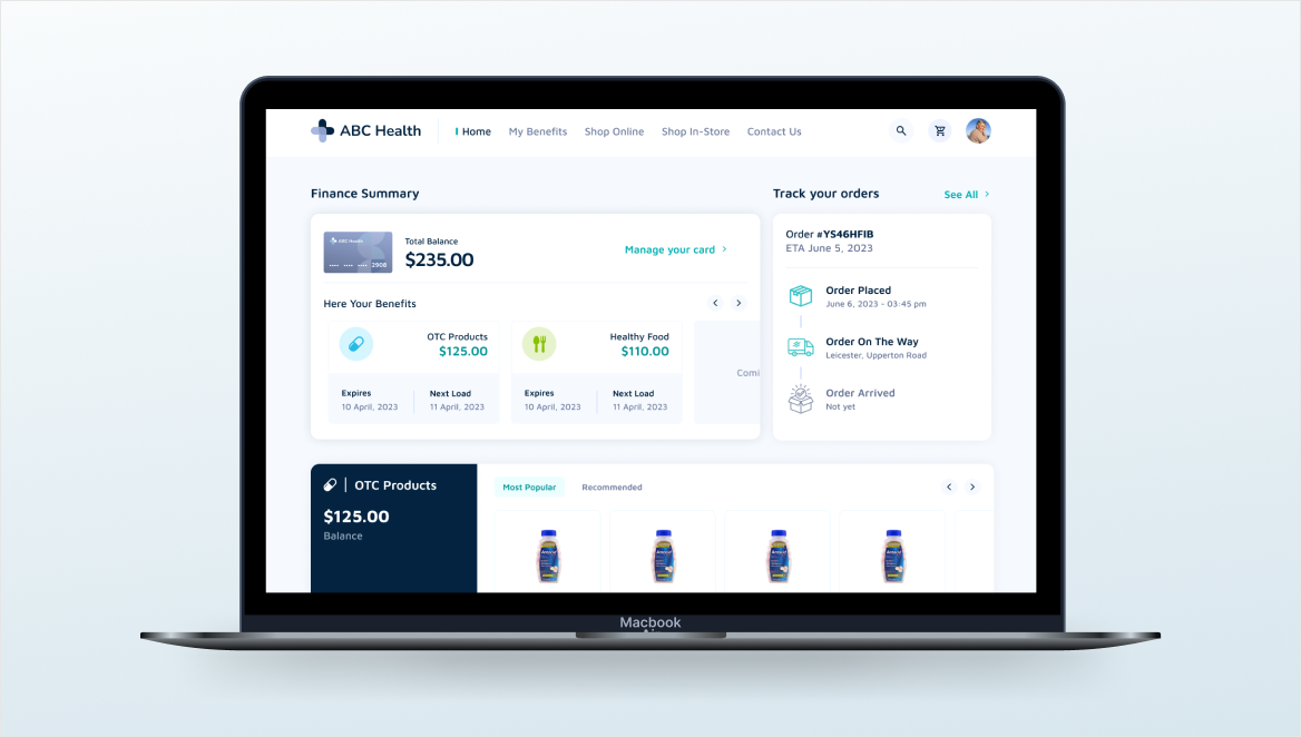 Lynx member dashboard on a laptop showing finance summary, benefits, and order tracking.