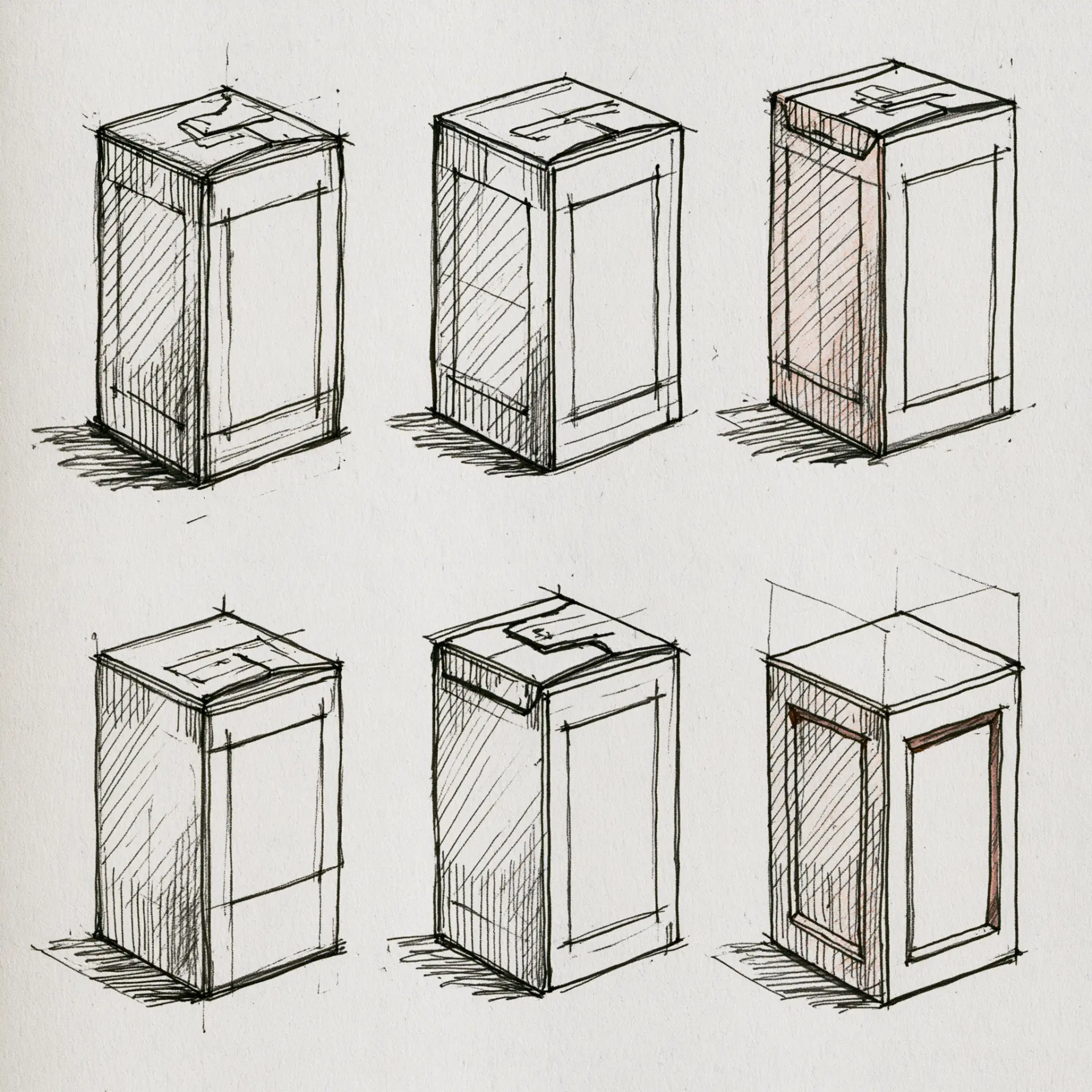 Hand-drawn packaging box sketches showing six structural design studies and dieline exploration for a rigid retail carton.