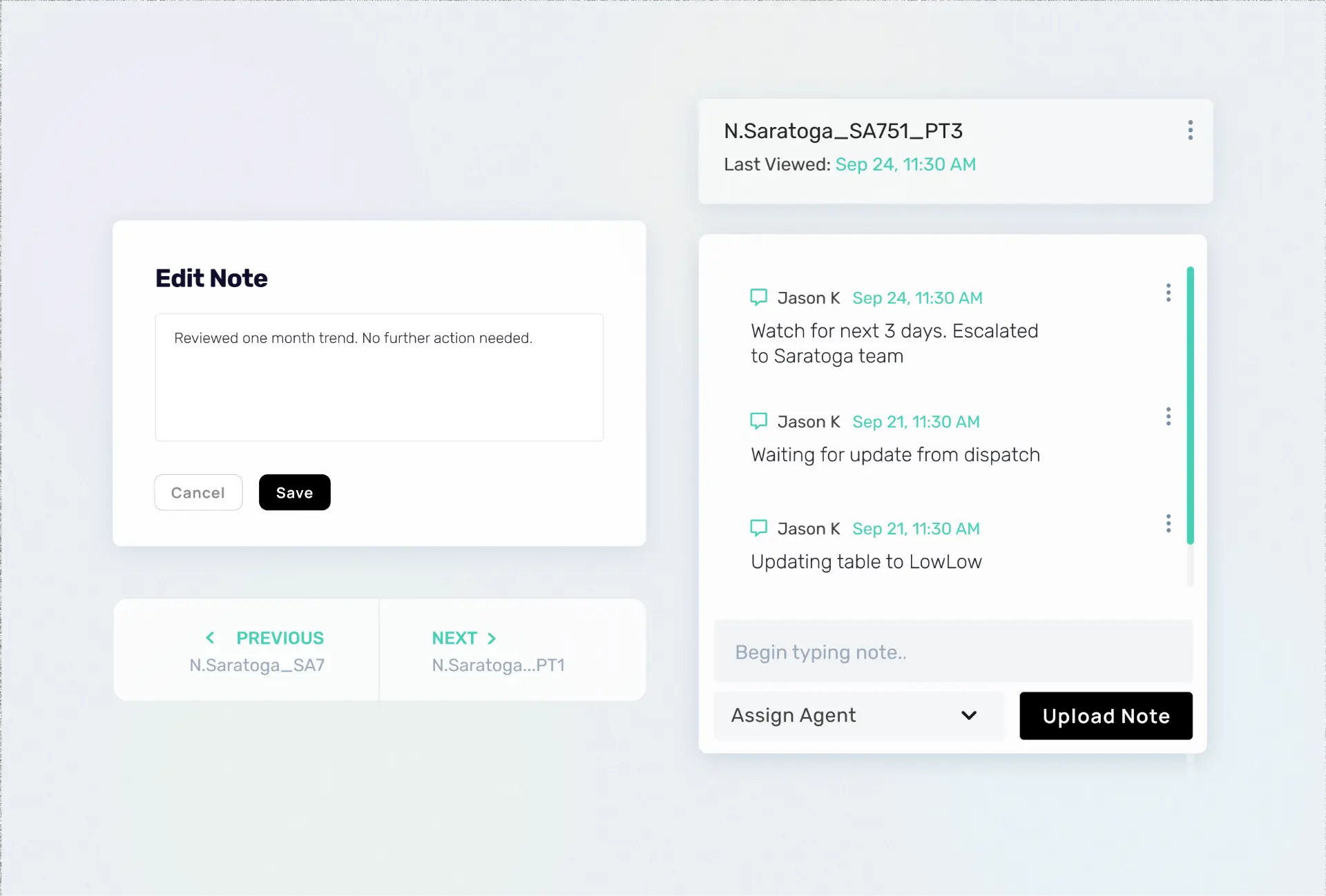 Eigen Sense note-taking and alert assignment interface components.