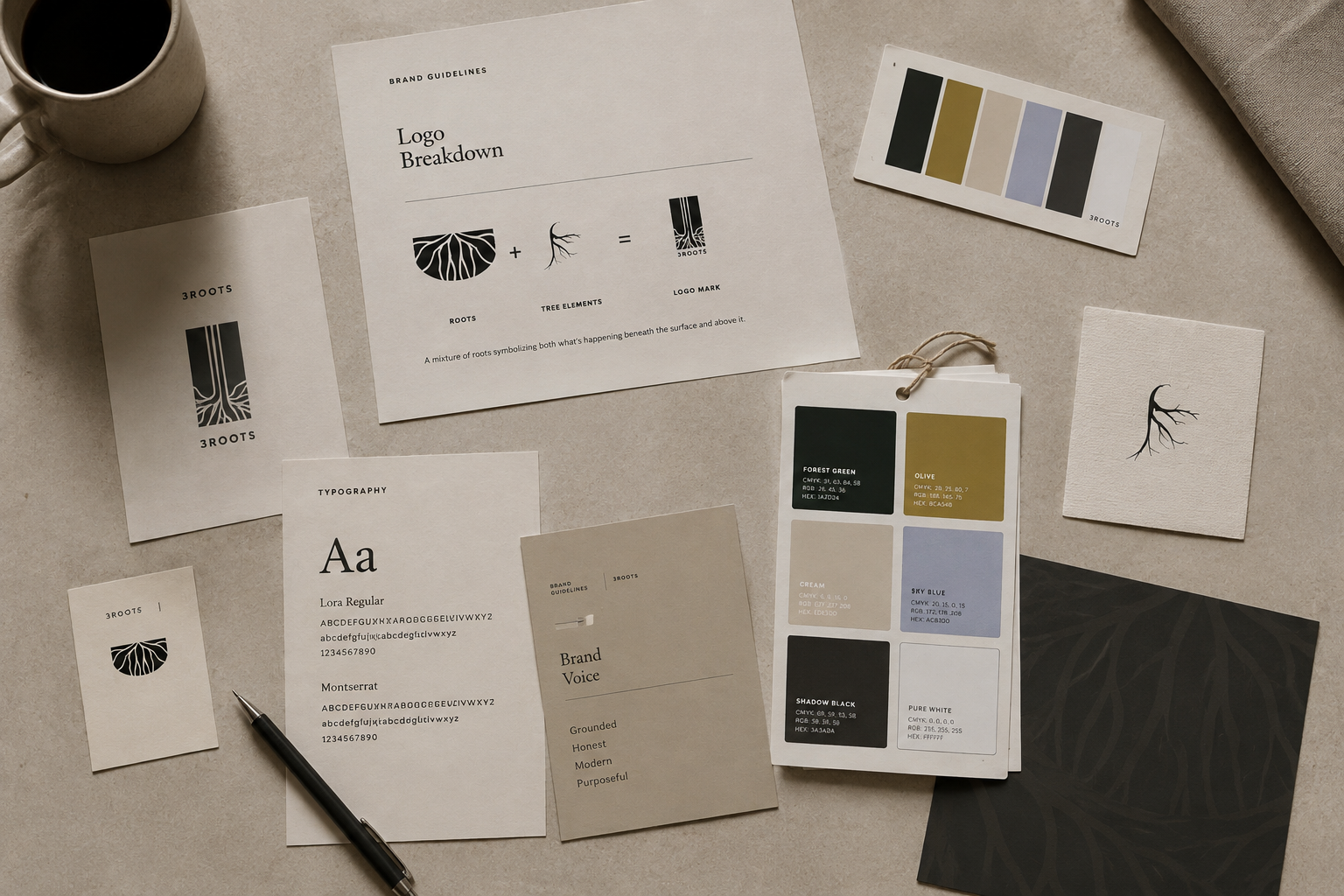 3Roots brand board with logo breakdown, color palette, and typography samples.