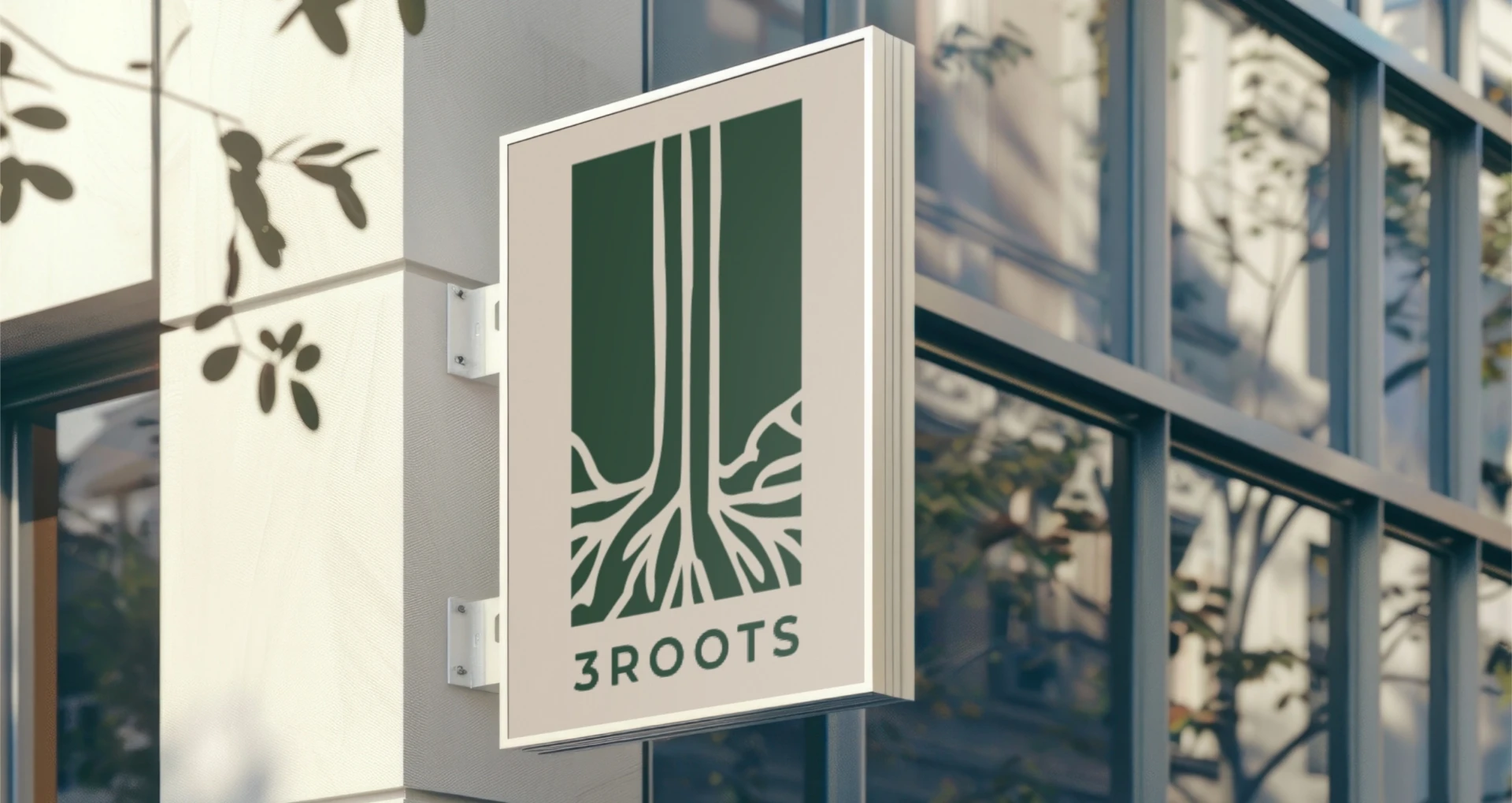Modern exterior sign for 3Roots with a tree-root mark and wordmark.