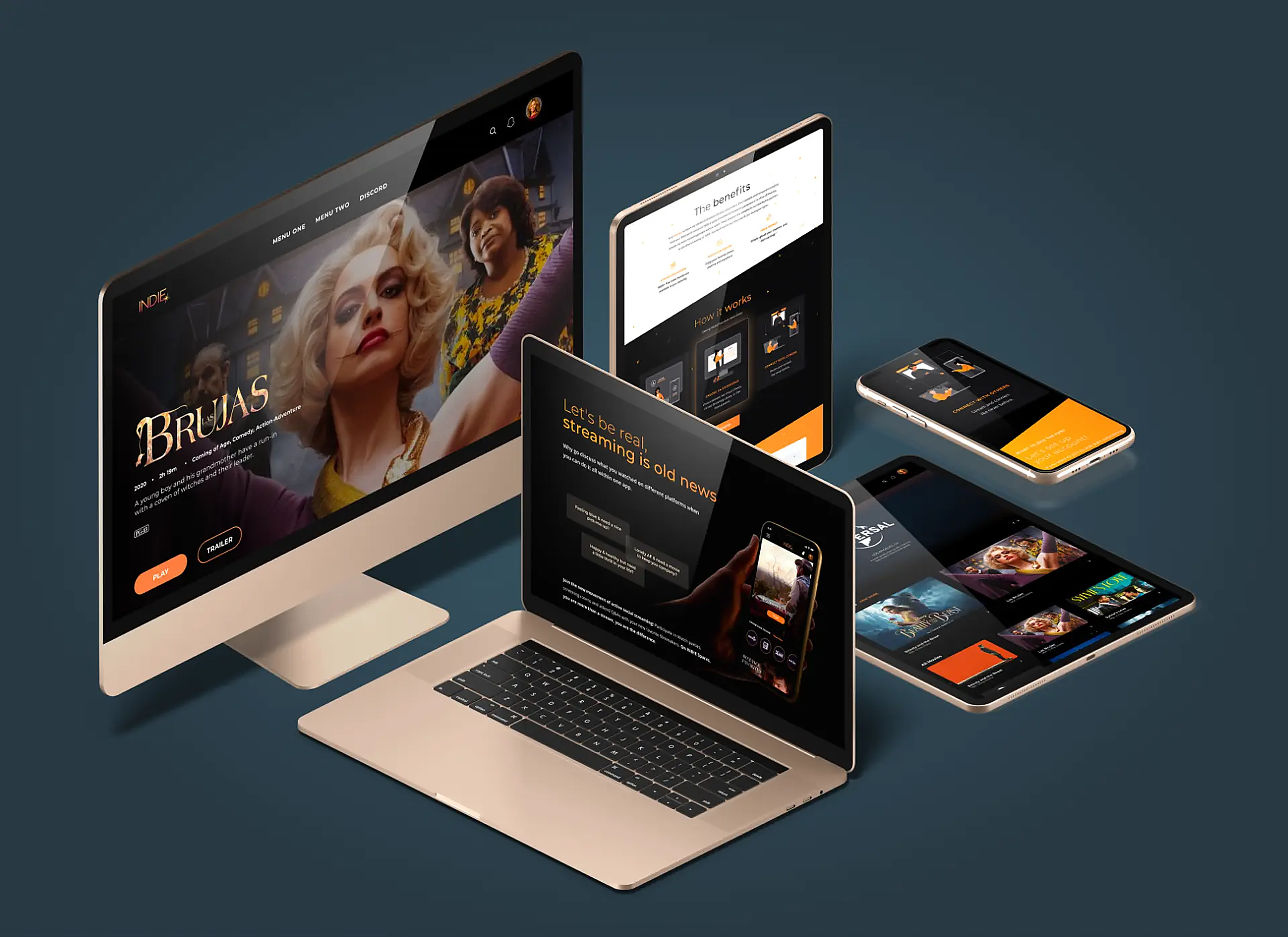 Brujas platform shown across a laptop and phone in a multi-device mockup.