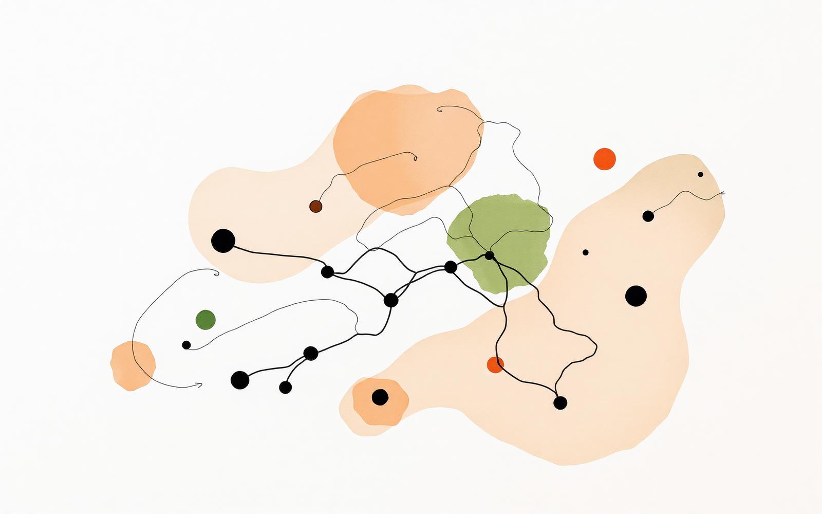 Abstract painterly strategy map with nodes and a prioritized path in the oak palette