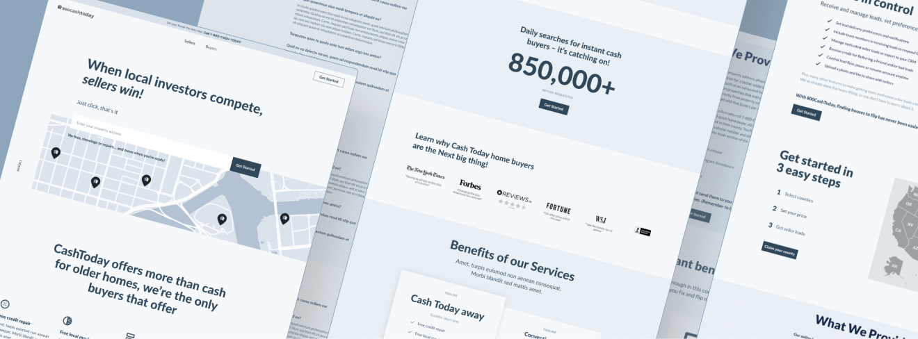 800 Cash Today marketing site wireframes laid out in perspective.