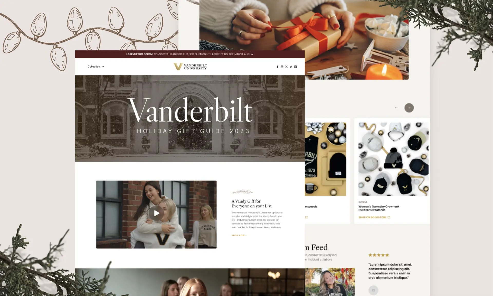 Vanderbilt Holiday Gift Guide landing page hero, video module, and product collection design.