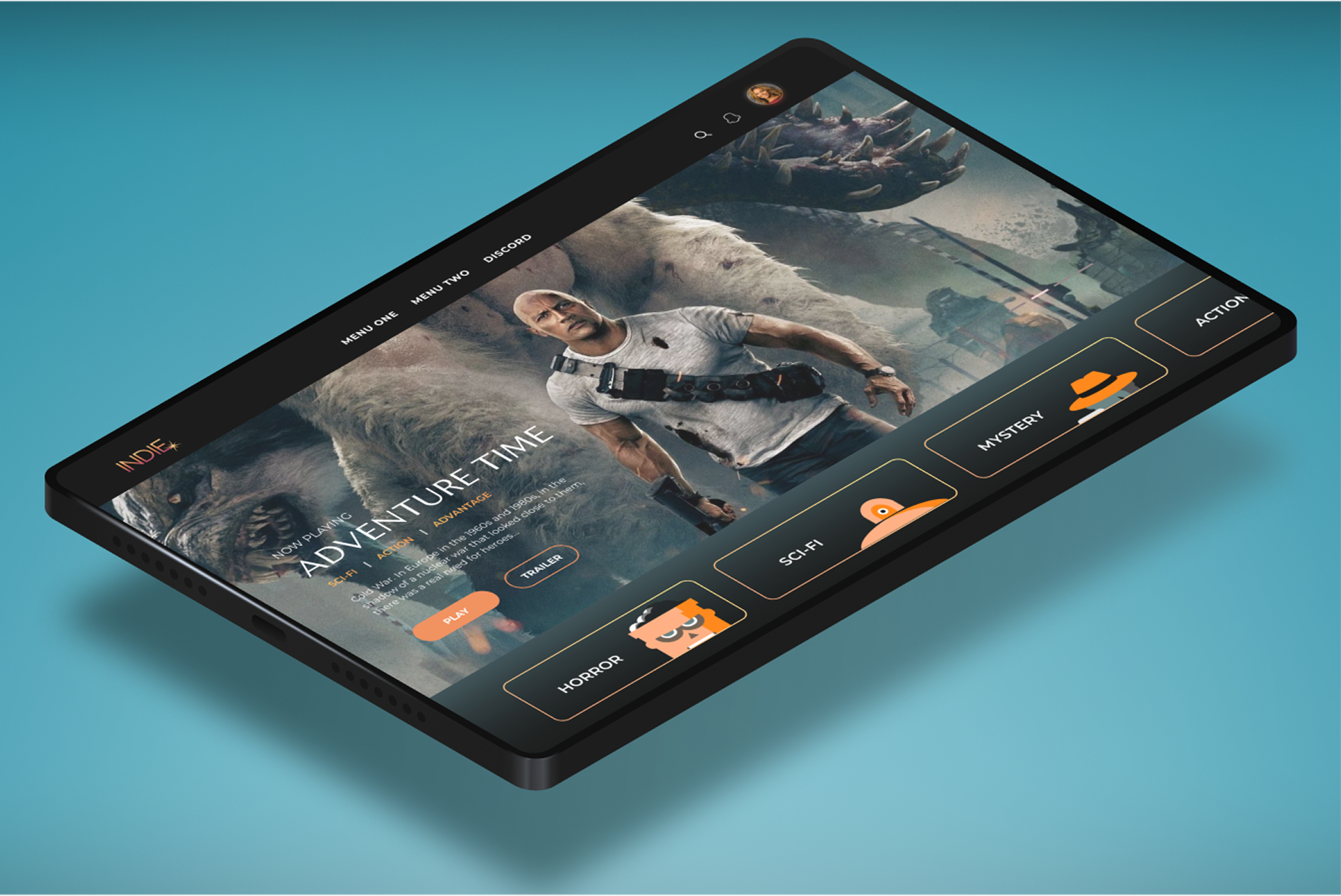 Indie Sparxs tablet app showing the now-playing hero and genre navigation.